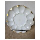 Vintage Milk Glass Egg plate with gold trim has