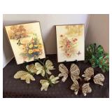 Pair of vintage floral, butterfly pictures with