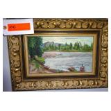 Gilded Frame Original Oil On Canvas - Lake Scene