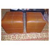 2 Cognac Brown Leather Cube Ottomans