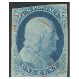 US Stamp 1851 Used 1 cent Franklin with red cancel