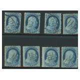 US Stamps 1860s Franklin blue 1 cent issues, 8 tot