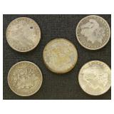 US Coins 5 Morgan Silver Dollars, mixed dates and