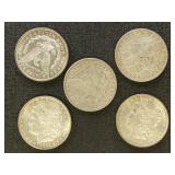 US Coins 5 Morgan Silver Dollars, mixed dates and