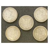 US Coins 5 Morgan Silver Dollars, mixed dates and