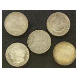 US Coins 5 Morgan Silver Dollars, mixed dates and