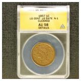 US Coins 1857 Large Date N-1 Large Cent Graded AU5