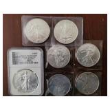 US Coins 7 Silver Eagles, various years, uncircula
