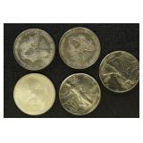 US Coins 5 Silver Eagles, mix of dates, lightly ci