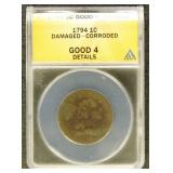 US Coins 1794 Large Cent Grade Good 4 Details (Dam