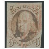 US Stamps #1 Used with red grid cancel, cut in at US Stamps #1 Used with red grid cancel, cut in at