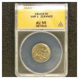 US Coins 1913-D Variety 1 Buffalo Nickel Graded AU