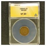 US Coins 1909-S Indian Head Cent Graded VF20 by AN