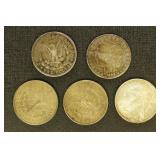 US Coins 5 Morgan Silver Dollars, circulated