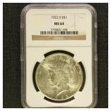 US Coins 1922-S Peace Dollar Graded MS64 by NGC
