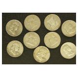 US Coins 9 Silver Franklin Half Dollars, circulate
