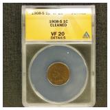 US Coins 1908-S Indian Head Cent Graded VF20 Detai