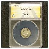 US Coins 1916-D Mercury Dime Graded AG3 by ANACS