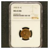 US Coins 1933-D Lincoln Cent Graded MS65RB by NGC