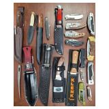 Knives, Sheaths, & Sharpeners, large lot of used P