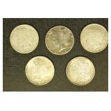 US Coins 5 Morgan and Peace Silver Dollars, circul