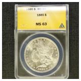 US Coins 1885 Morgan Silver Dollar Graded MS63 by