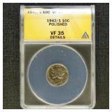 US Coins 1942/1 Mercury Dime Graded VF35 Details (