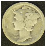 US Coins 1921-D Mercury Dime, circulated