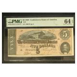 1864 CSA $5 PMG graded 64 EPQ, T-69 Civil War Conf