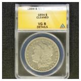 US Coins 1894 Morgan Silver Dollar Graded VG8 Deta