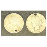 US Coins 2 Peace Silver Dollars with holes, circul