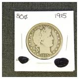 US Coins 1915 Barber Half Dollar, circulated Key D