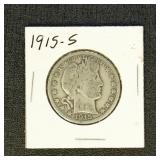 US Coins 1915-S Barber Half Dollar, circulated