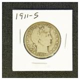 US Coins 1911-S Barber Half Dollar, circulated