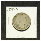 US Coins 1912-S Barber Half Dollar, circulated