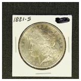 US Coins 1881-S Morgan Silver Dollar, AU/BU