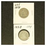 US Coins Seated Liberty Quarter lot of 2, 1858 & 1