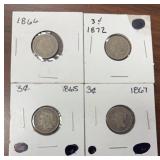 US Coins Three Cent Pieces, 1865, 1866, 1867, & 18