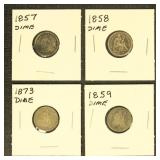 US Coins Seated Liberty Dime Lot of 4, 1857, 1858,