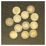 US Coins 9 Barber Dimes, circulated