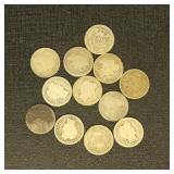 US Coins 9 Barber Dimes, circulated