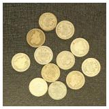 US Coins 9 Barber Dimes, circulated