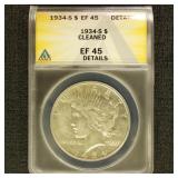 US Coins 1934-S Peace Silver Dollar graded EF45 De