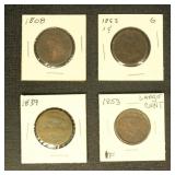 US Coins 4 Circulated Large Cents, 1808, 1839, 185