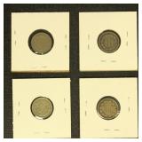 US Coins Three Cent Pieces, 1865, 1866, 1867, & 18