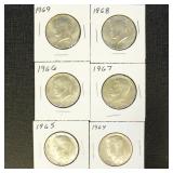 US Coins 6 Silver Kennedy Dollars, 1 each 1964, 19