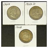 US Coins Franklin Half Dollar lot of 3, 1948, 1949