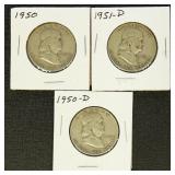 US Coins Franklin Half Dollar lot of 3, 1950, 1950
