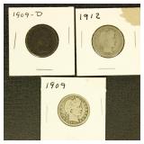 US Coins Barber Quarter lot of 3, 1909, 1909-D, &