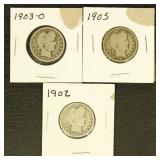 US Coins Barber Quarter lot of 3, 1902, 1903-O, &